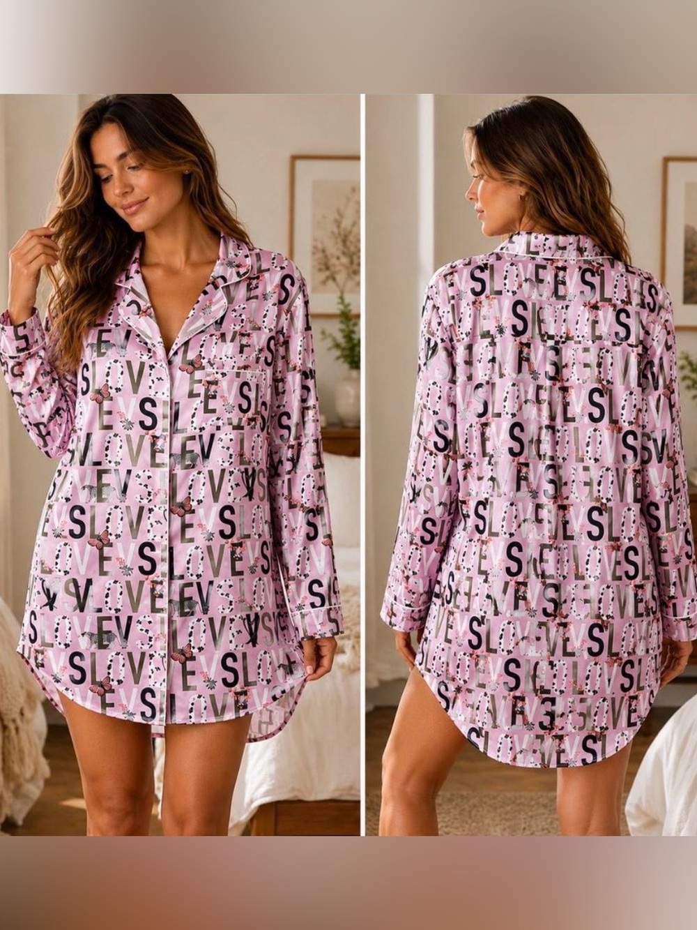Victoria's Secret Pink Lavender Logo Satin Long Sleeve Sleep Shirt. Size Medium